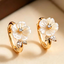 Load image into Gallery viewer, Dainty Mother of Pearl Flower Hoop Earrings | Gold Floral Huggie Hoops