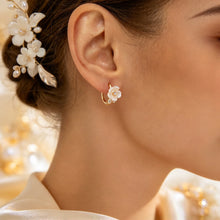 Load image into Gallery viewer, Dainty Mother of Pearl Flower Hoop Earrings | Gold Floral Huggie Hoops