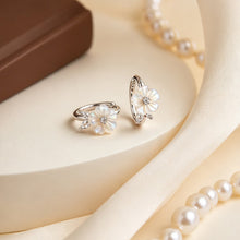 Load image into Gallery viewer, Dainty Mother of Pearl Flower Hoop Earrings | Gold Floral Huggie Hoops