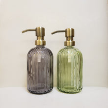 Lade das Bild in den Galerie-Viewer, Decorative Glass soap dispenser set with metal pumps with tray for kitchen sink | bathroom