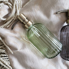 Lade das Bild in den Galerie-Viewer, Decorative Glass soap dispenser set with metal pumps with tray for kitchen sink | bathroom