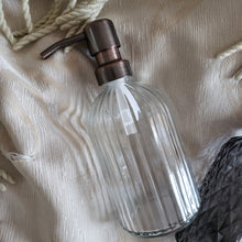 Lade das Bild in den Galerie-Viewer, Decorative Glass soap dispenser set with metal pumps with tray for kitchen sink | bathroom