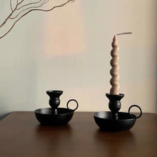 Load image into Gallery viewer, Old fashioned vintage metal black taper candle sticks holders with handle set of 3