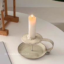 Load image into Gallery viewer, Taper candle holder , spiral taper candle holder , metal iron , candle holder , white , vintage , candle holder with handle , with bowl
