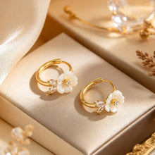 Load image into Gallery viewer, Dainty Mother of Pearl Flower Hoop Earrings | Gold Floral Huggie Hoops
