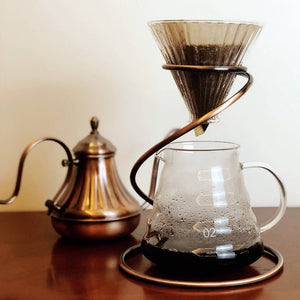 Stylish Coffee Pour Over stand, glass dripper, glass carafe and copper gooseneck kettle