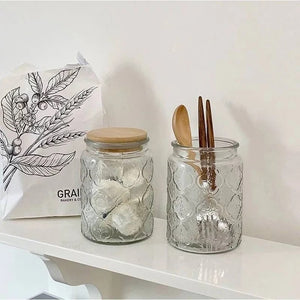 Floral style Glass jar with wood lid , air-tight glass jar